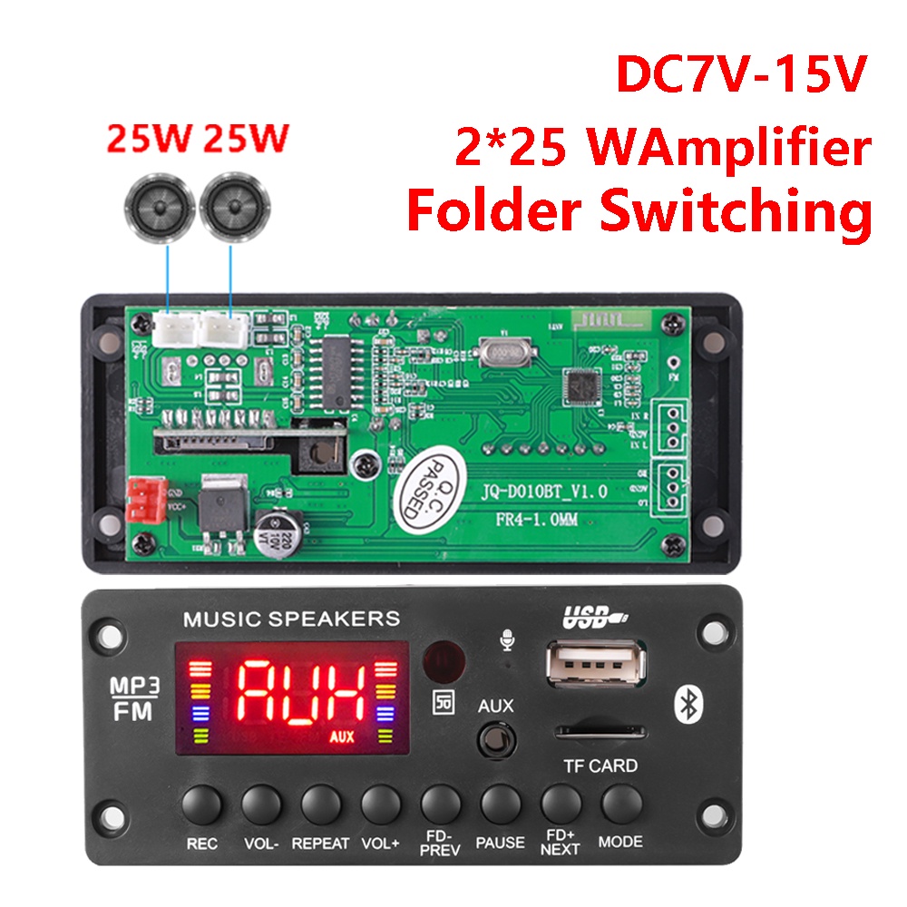 Amplifier 2*25W DC 7V 12V 15V Stereo FM Radio Bluetooth MP3 Player AUX