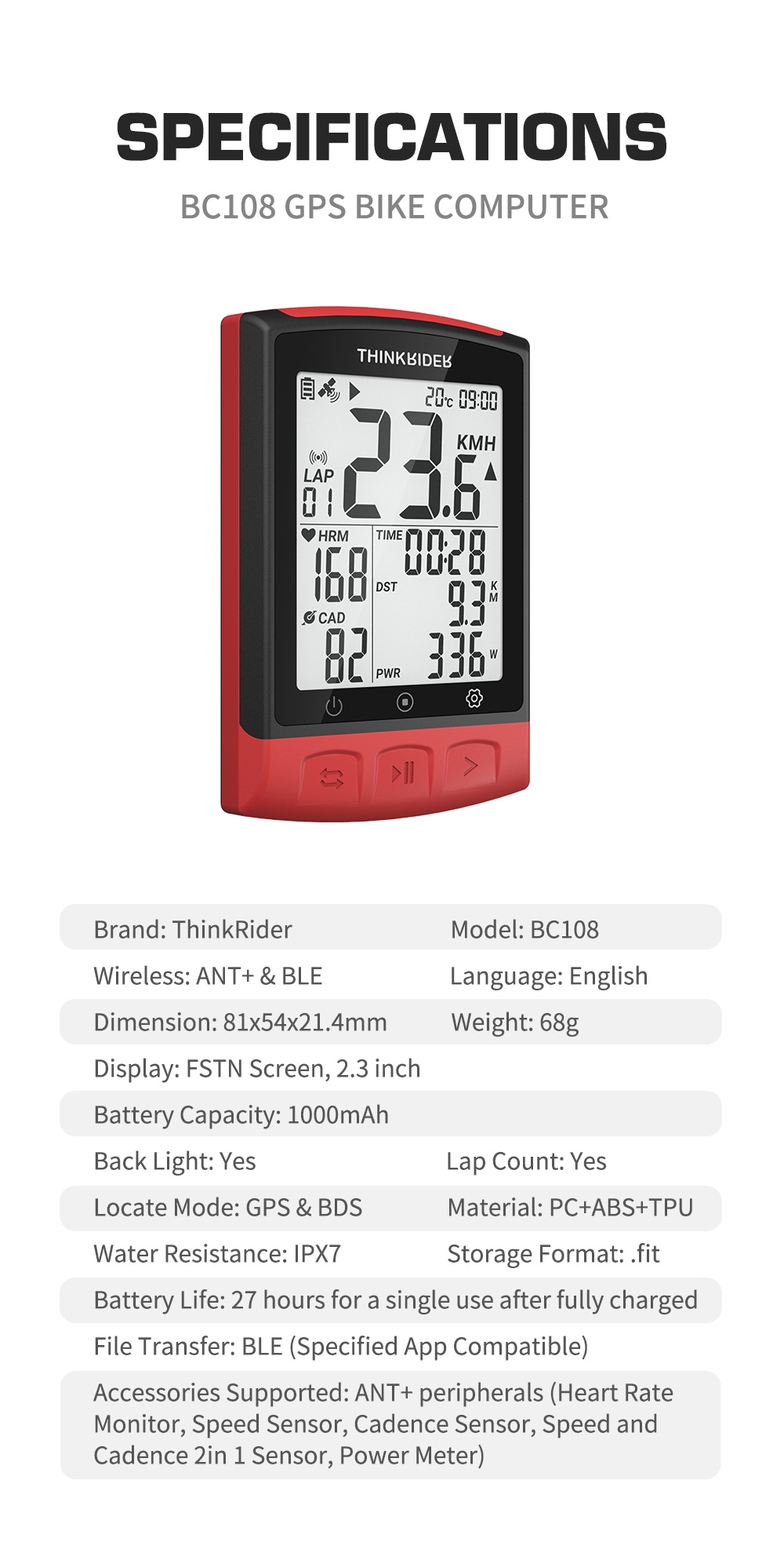 ThinkRider BC108 GPS Smart Bike Computer ANT+ BLE Powermeter IPX7 ...
