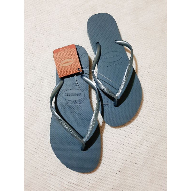 Original Havaianas Slim Silver Blue Flip Flops with Box and