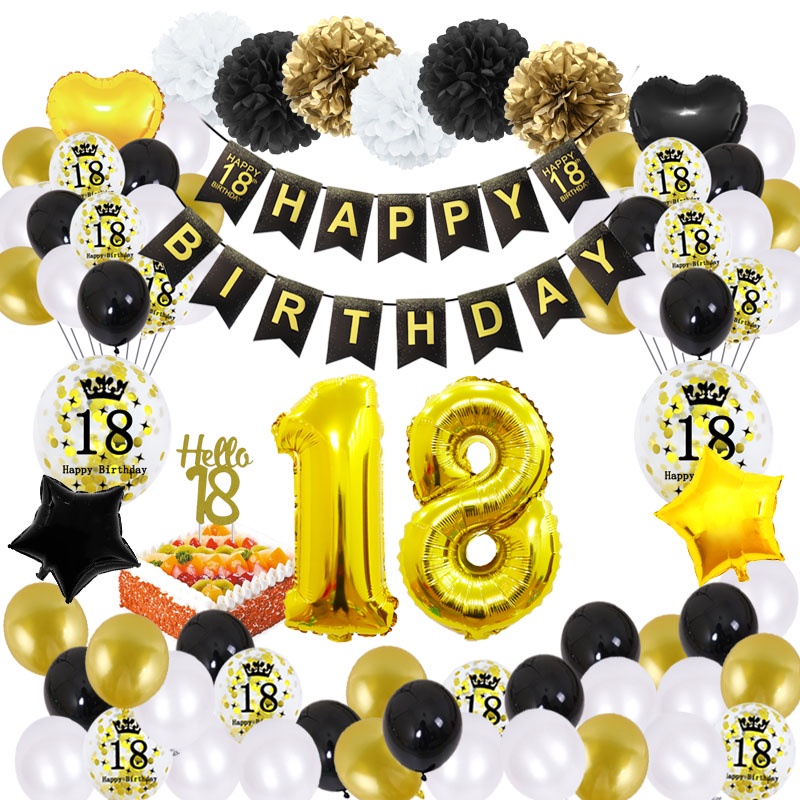 51pcs/Set 18 Birthday Party Decorations Black Gold Balloon Happy ...