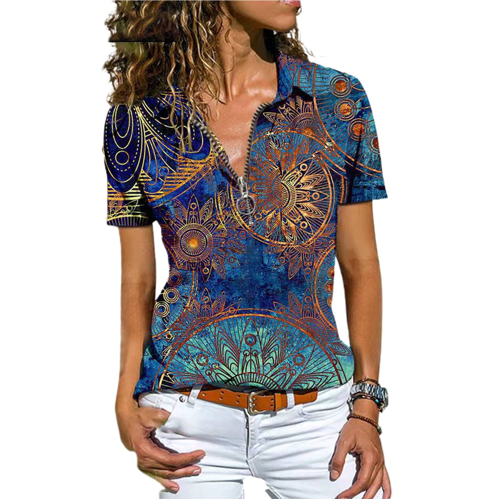 YYR-Women T-shirt Ethnic Print Bohemian Summer All Match Slim-fitting ...