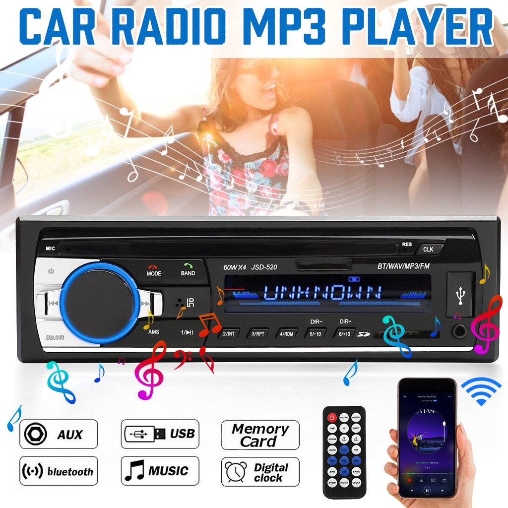 JSD520 12V Stereo Bluetooth FM Radio MP3 Audio Player USB/SD Port Car