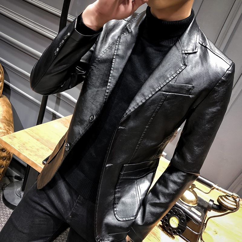 Leather Jacket Men Spring Autumn Men's Trendy Loose Thin Style Handsome  Leather Suit Soft Leather Suit Collar Jacket Mid-Length Leather Jacket