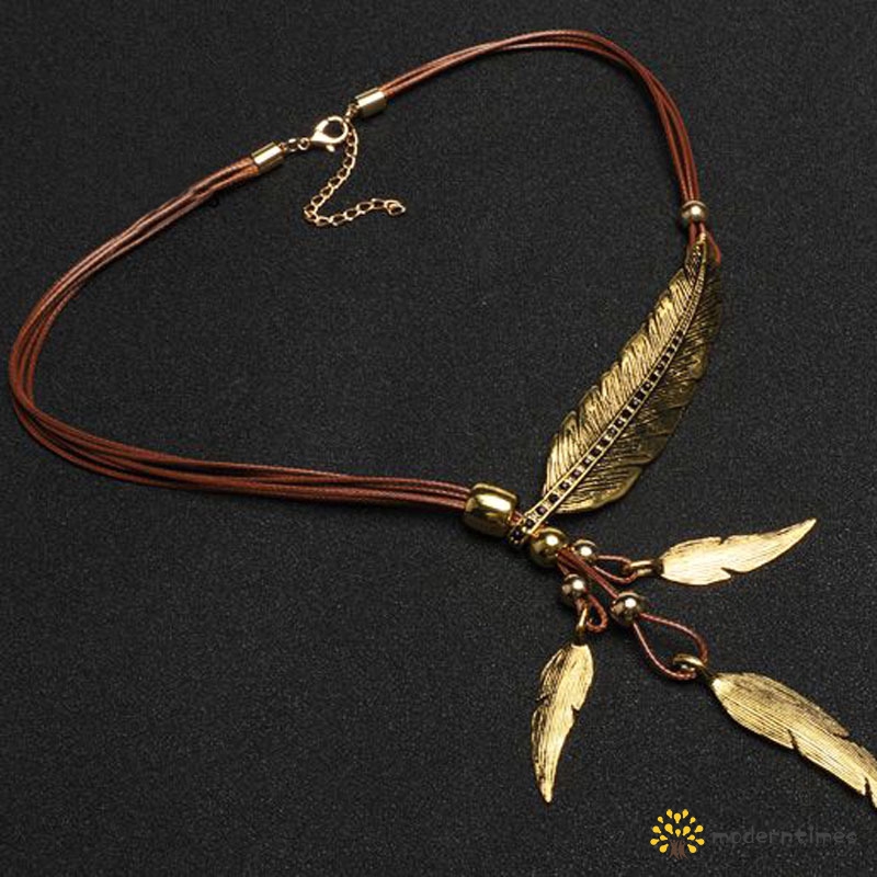 Bohemian Style Rope Chain Leaf Feather Pattern Pendant Necklace ...