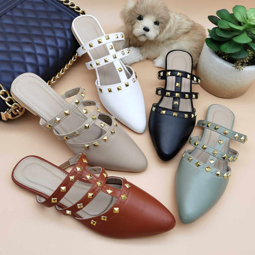 R&A119 Flat Pointed Toe with Studded Vamp Straps Leather Mules (Narrow ...