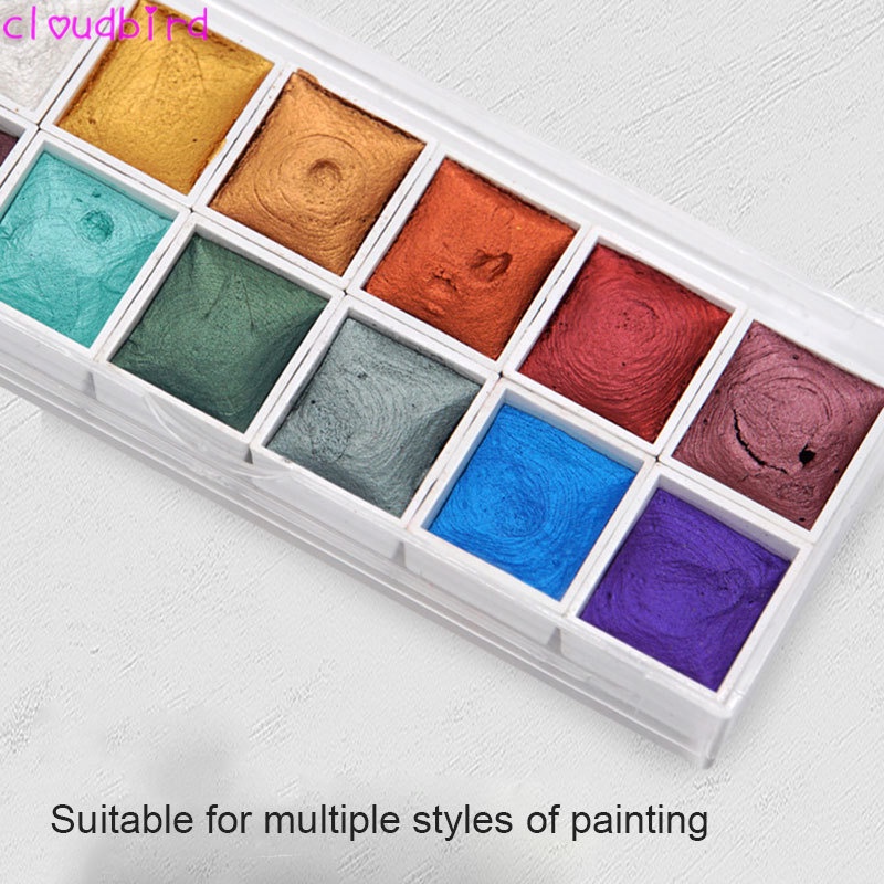 12 Colors Portable Glitter Watercolor Paint Set Metallic Gold Pigment