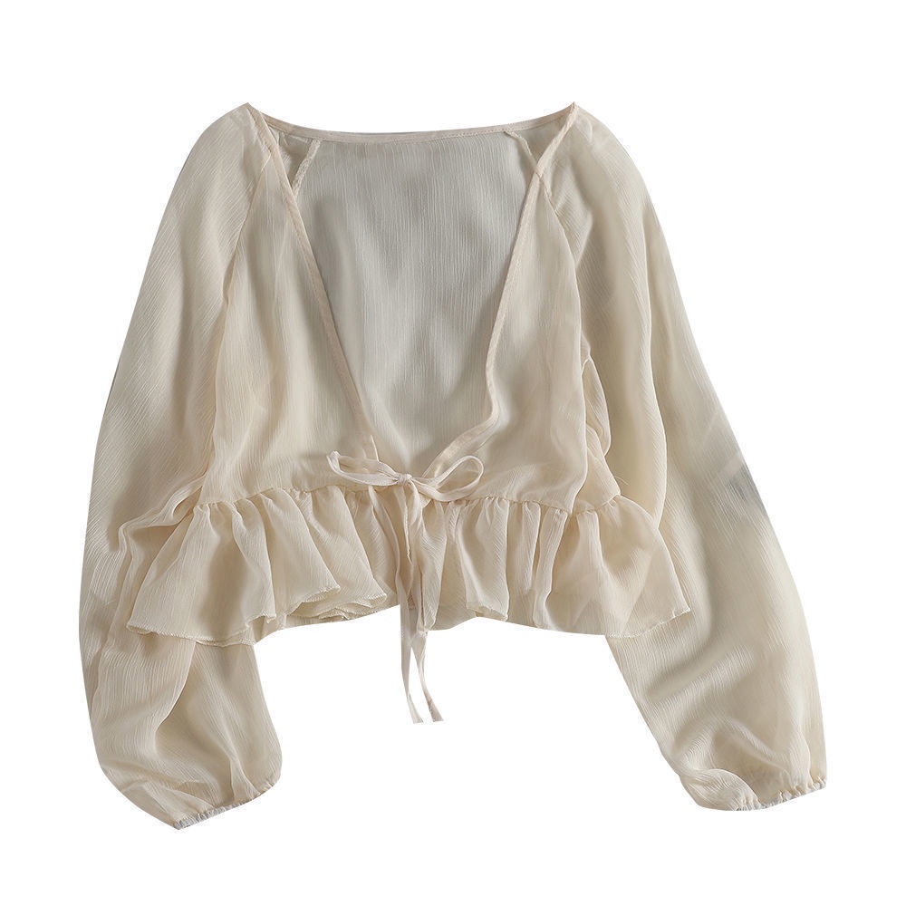 Ruffled Lace-Up Short Chiffon Cardigan Thin Jacket | Shopee Philippines