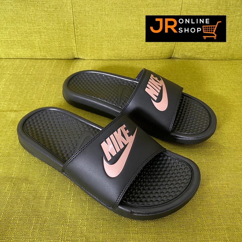 Nike benassi slides women's outlet black and rose gold