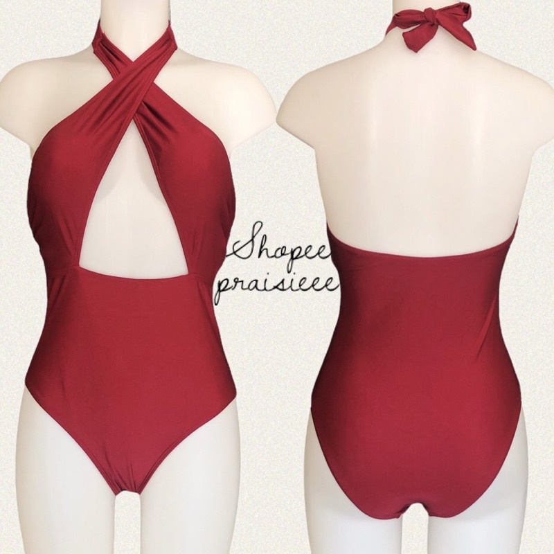 SH EIN MEDIUM Maroon Halter One Piece Aesthetic Red Swimsuit Bikini ...