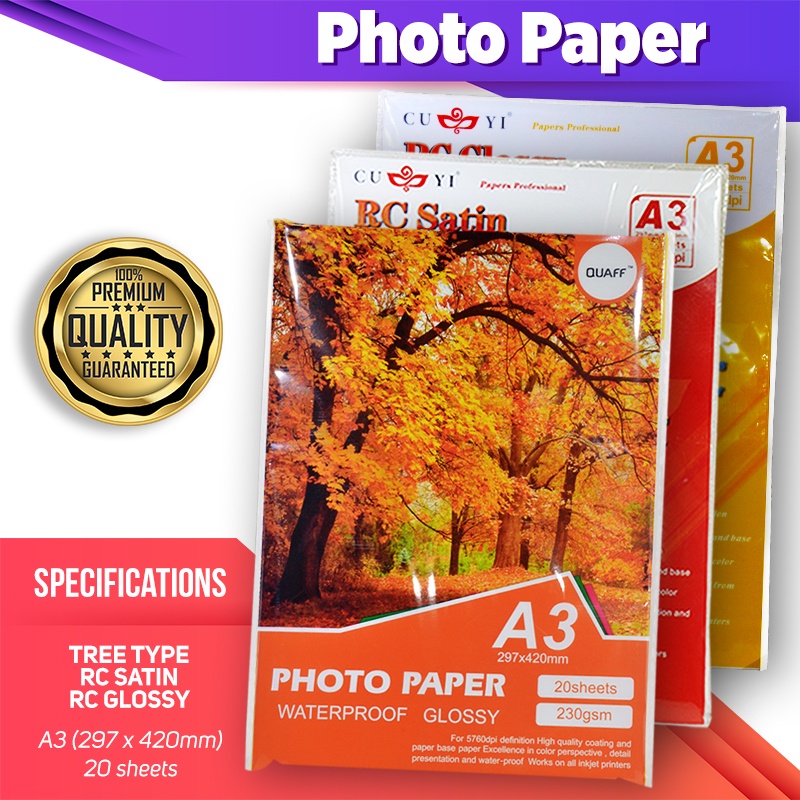 A3 Size Photo Paper CUYI & QUAFF RC Satin , RC High Glossy , Tree