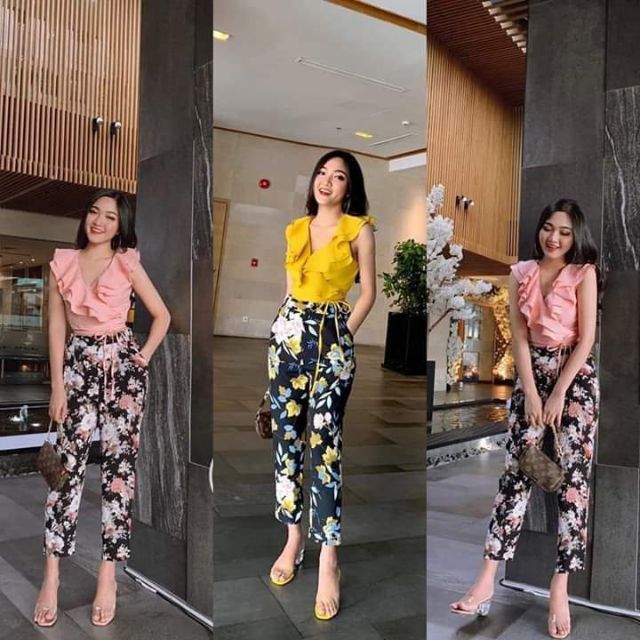 Fashionable Classy Floral Coordinates Terno Ruffle top Floral Pants Hawaiian Boho Coachella Outfit