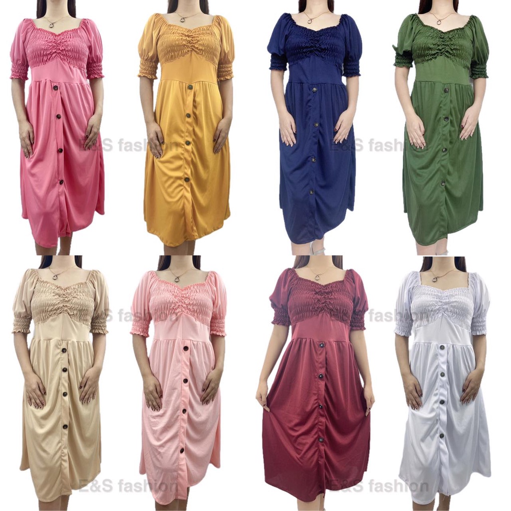【Online_ph】V-neck garterized sleeve with button down casual dress for ...