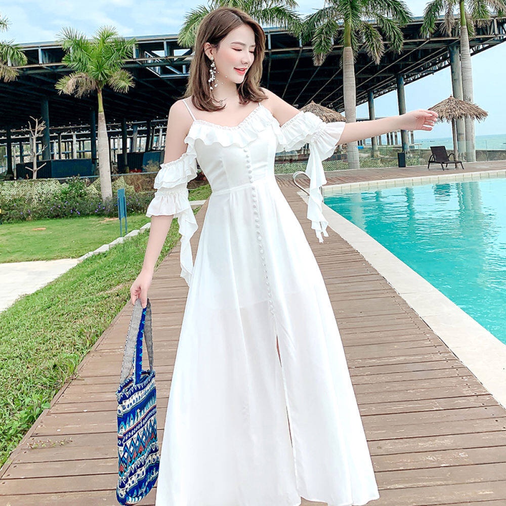 beach outfit Pure White Korean Style Beach Outfit Long Dress for Women ...