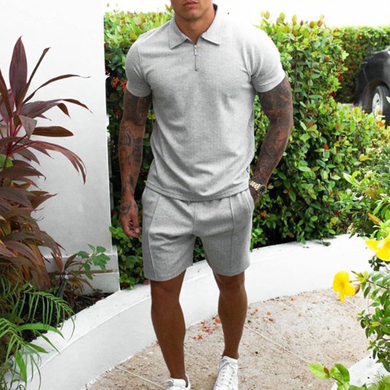 Men s Cotton Zipper Polo Short Sleeve Shirt Shorts 2 piece Set