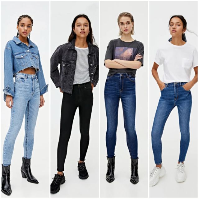 High waist skinny jeans pull sales and bear