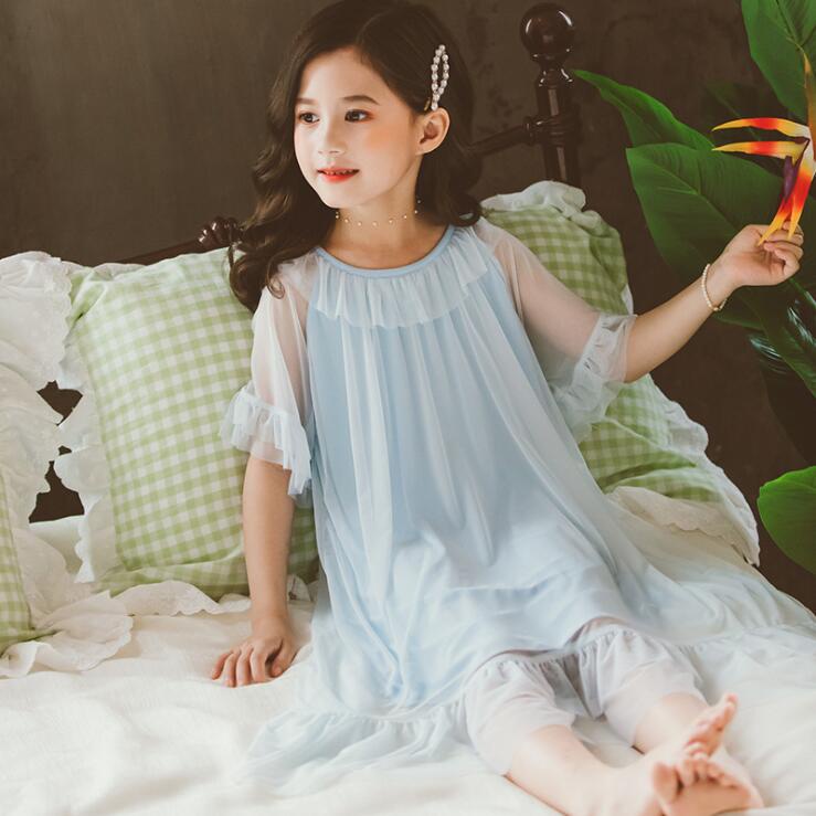 Summer Cotton Nightdress Girls Solid Color Ruffles Nightgown Kids