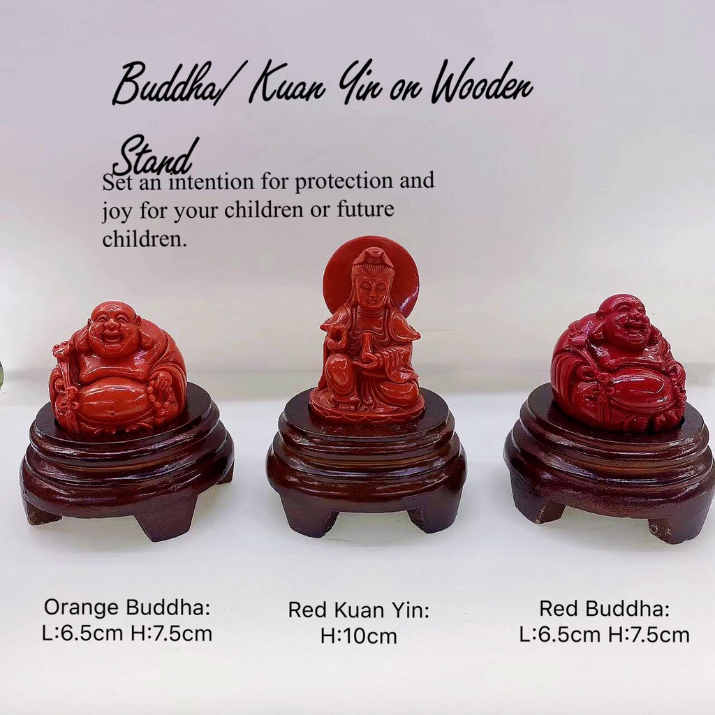 Taiwan Coral Kuan Yin Kwan Yin Laughing Buddha on Wooden Stand 