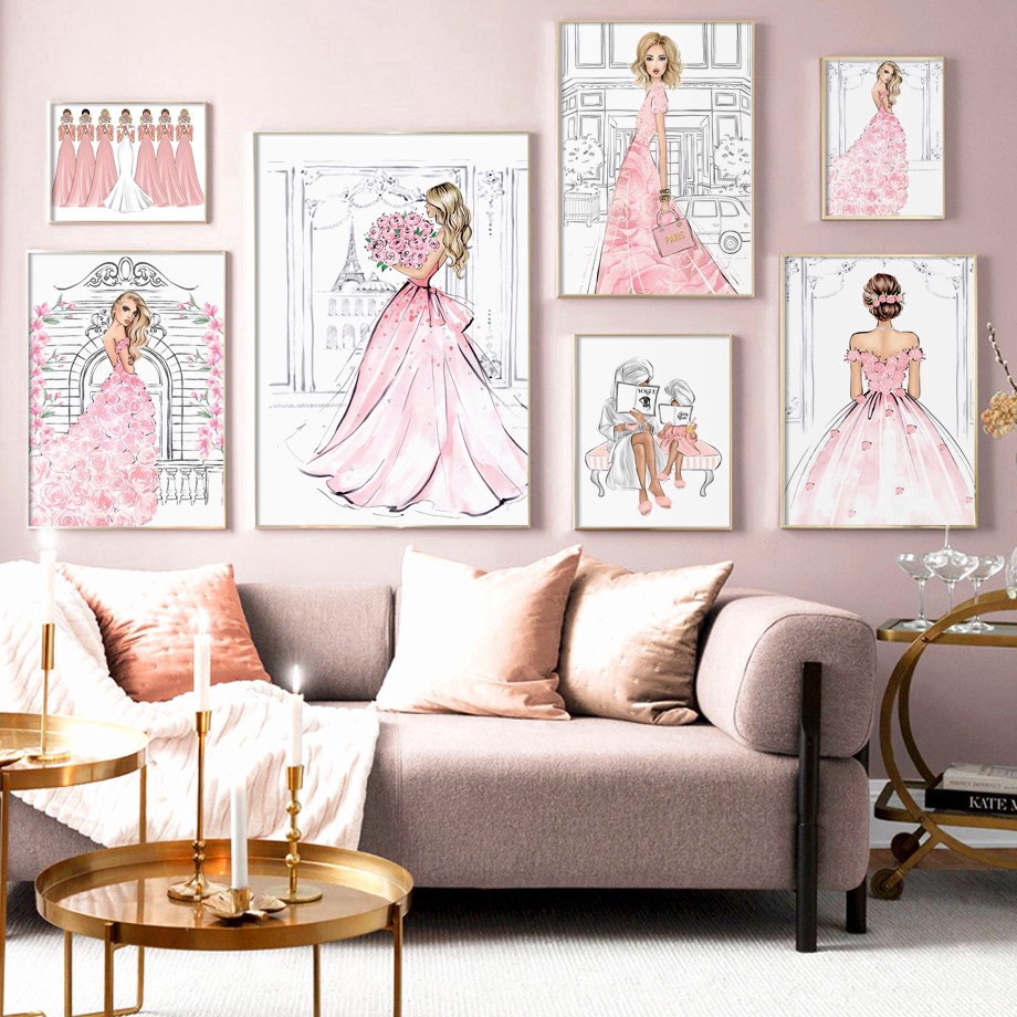 Pink Paris Fashion Girl Rose Flower Wall Art Canvas Painting Nordic ...