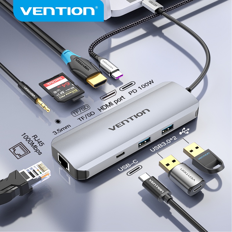 USB C Hub, VENTION 9 in 1 USB C Adapter with 4K HDMI,RJ45 1000Mbps Ethernet  Port,3 USB 3.0 Ports,TF/SD Card Slots,87W PD,3.5mm Audio Port for MacBook
