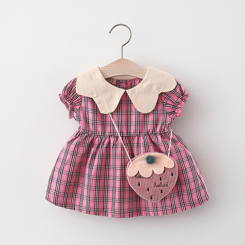 Summer girl s dress lovely white baby collar Plaid printed children s skirt bag Shopee Philippines