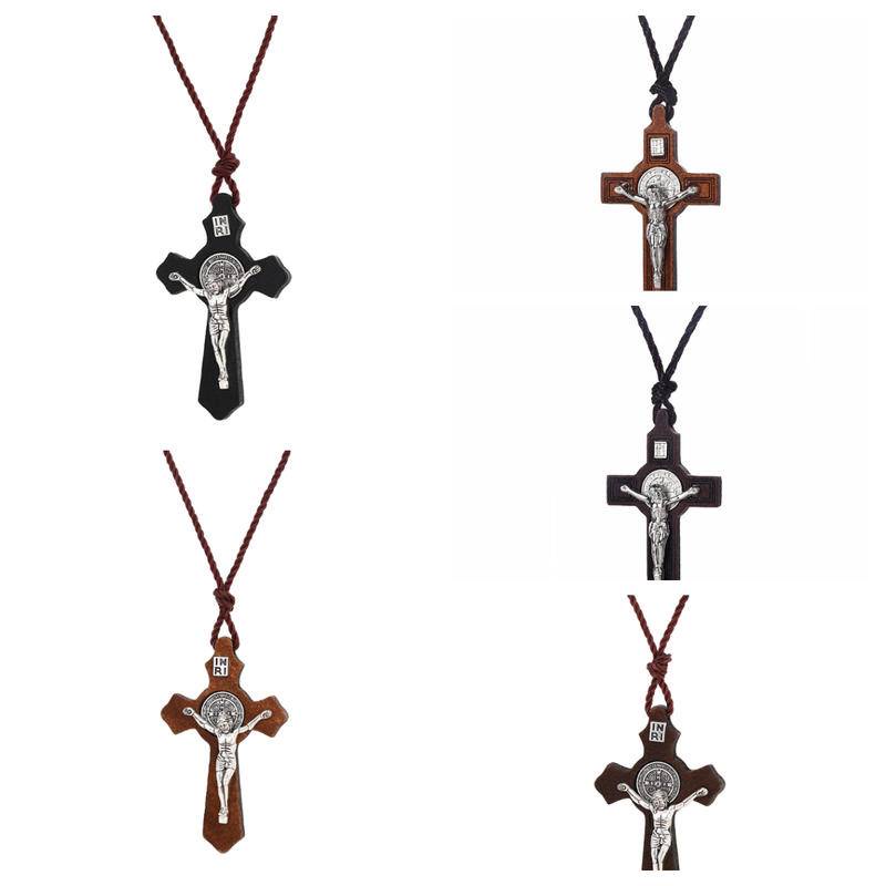 Religious INRI Crucifix Necklace for Men Women's Catholic Small Wooden