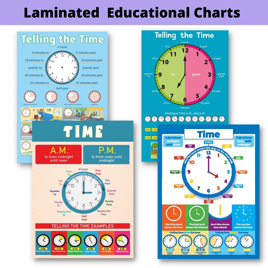 Laminated Telling Time Charts for Kids, Learners and Educators | Shopee ...