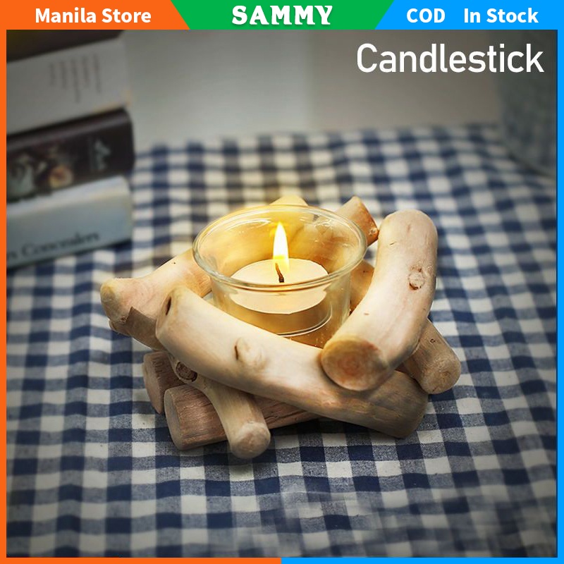 Wooden Candle Holder Glass Romantic Candlestick Rustic Wooden Natural Driftwood Candle Holder