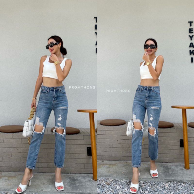 Ready Promthong 3536 denim hw ripped pant imported bangkok bkk fashion ...