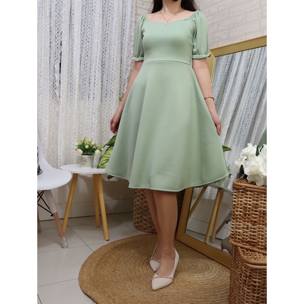 mint green semi formal dresses Berylove Women Mint Green Work Dress Ruffled A Line Square Neck Puff Sleeve Semi Wedding Guest Dress, Mint Green / US8 main image 1