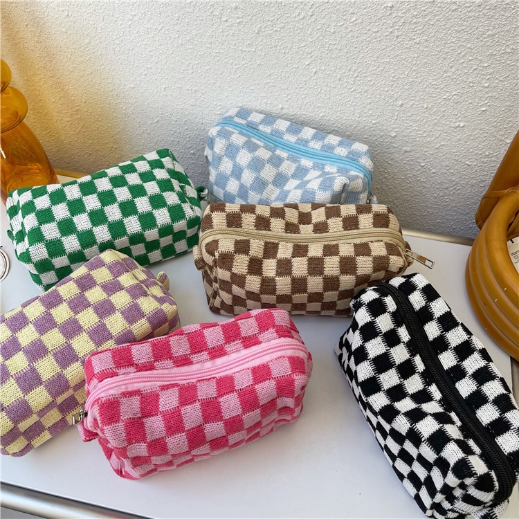 Woolen Yarn Makeup Bag Cosmetic Bag Large Capacity Checkered