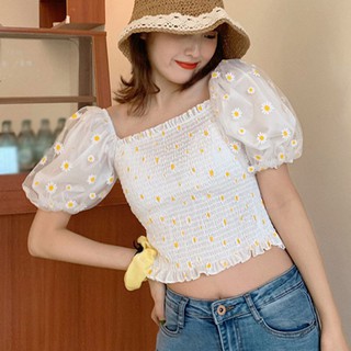 Ready Stock Women's Daisy Mesh Flower Shirt Off Shoulder Crop Tops Ruched  Short Sleeve Puff Sleeve Exposed Navel Shirt Blouse