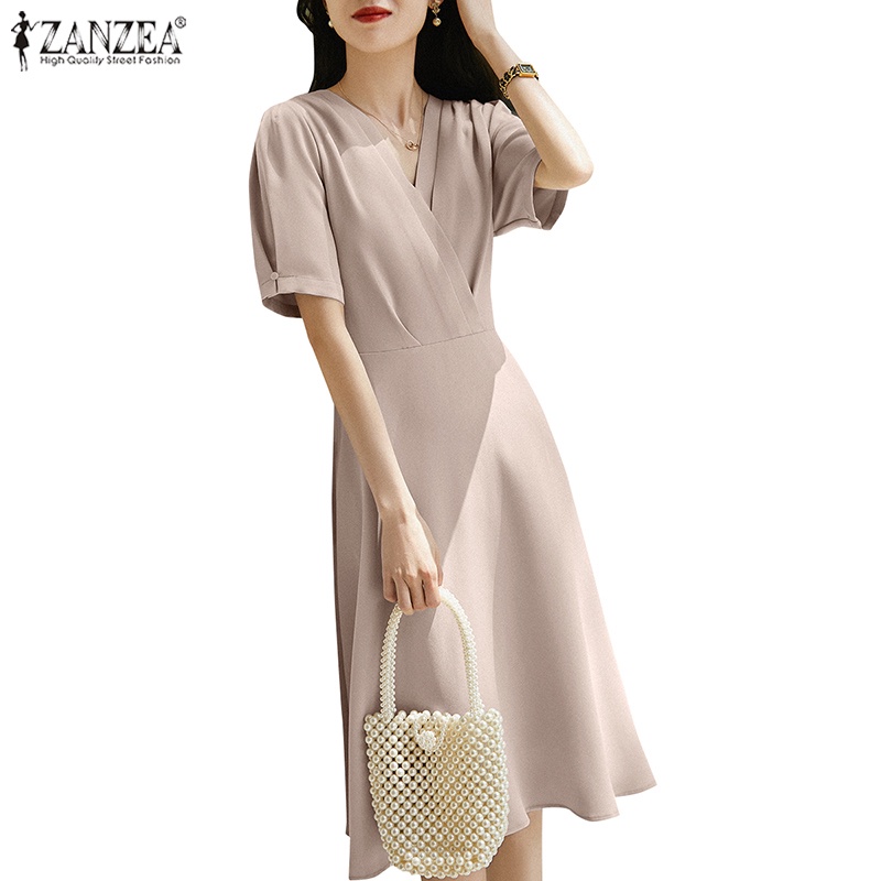 YOFF Women's Flutter Sleeve Chiffon Bridesmaid Dress - V Neck, Pleated Waist, Midi Length, With Pockets - View #7