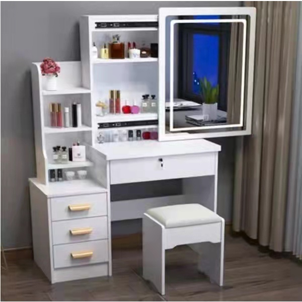 Wooden Dressing Table with Mirror and Makeup Stool Set Table Dressers