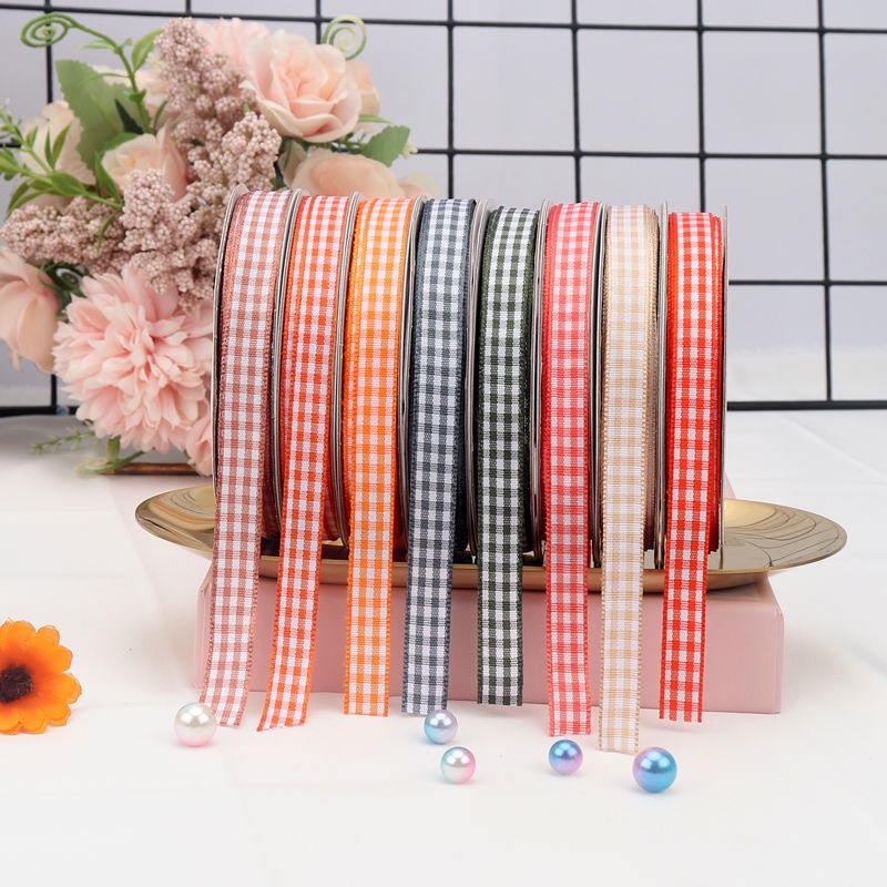 25 Yards 10mm Plaid Checked Ribbons Flower Bouquets Packing Gift ...