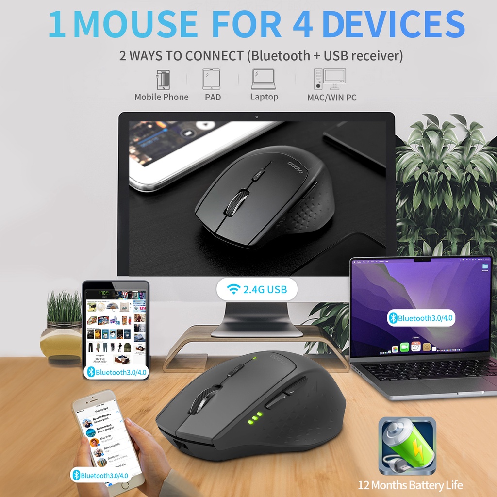 RAPOO Multi-mode Bluetooth Mouse Connect Up to 4 Devices 4 Adjustable ...