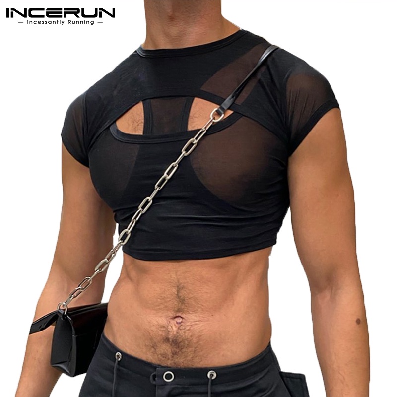 Men's Fishnet Shirt Fashion Short Sleeve Round Neck Hollow Out Top Gym  Workout See Through Muscle Mesh Shirt (Black, M) at  Men's Clothing  store