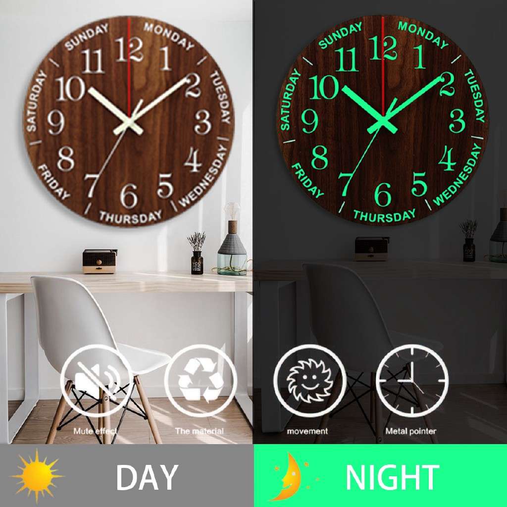 Wall Clock Home Decor Luminous Wall Clock Big Size Modern Wooden Silent