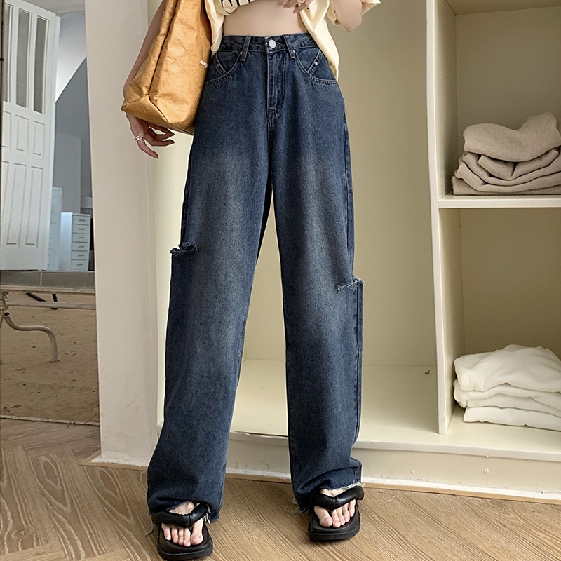 Korean Style Ripped Jeans Wide Leg Baggy Pants Women's High Waist ...