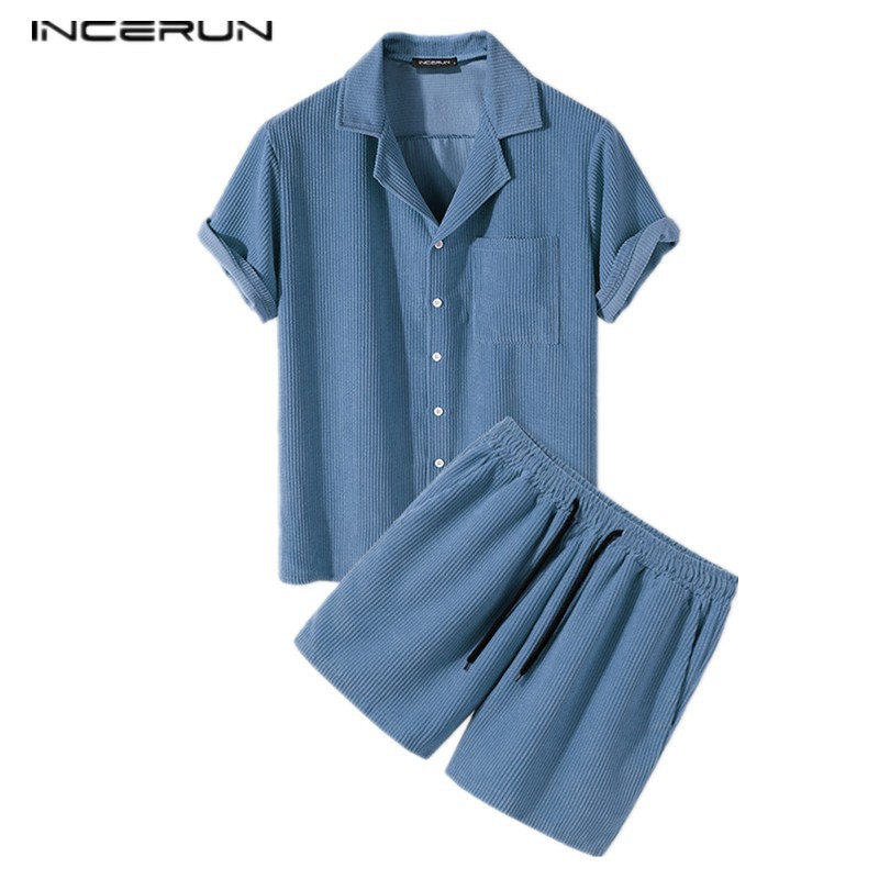 INCERUN Men's Fashion Corduroy Short Sleeve Shirts+Plain Shorts Casual ...