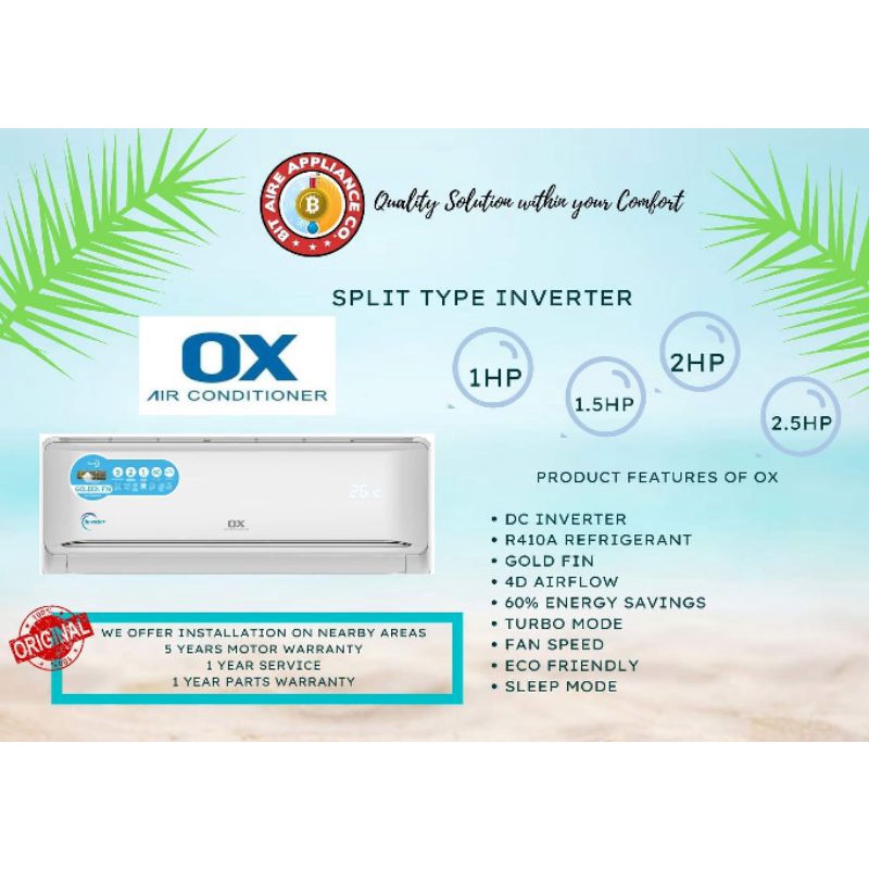 OX 1HP TO 2HP SPLIT TYPE INVERTER AIRCON Shopee Philippines