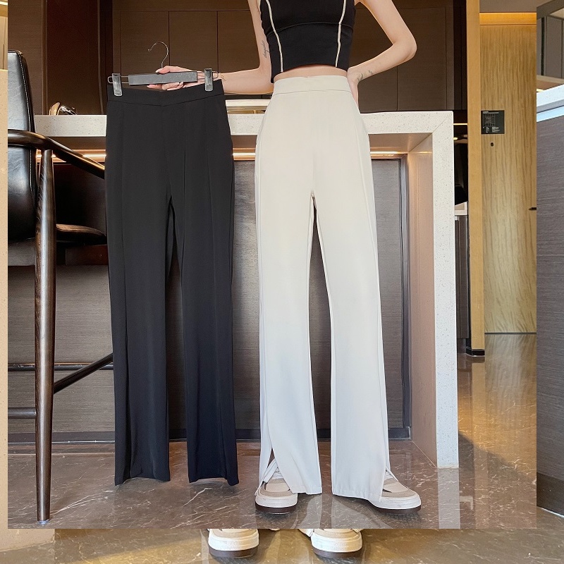 2023 Front Slit Elastic Waist Slim Casual Wide Leg Suit Ladies Pants ...
