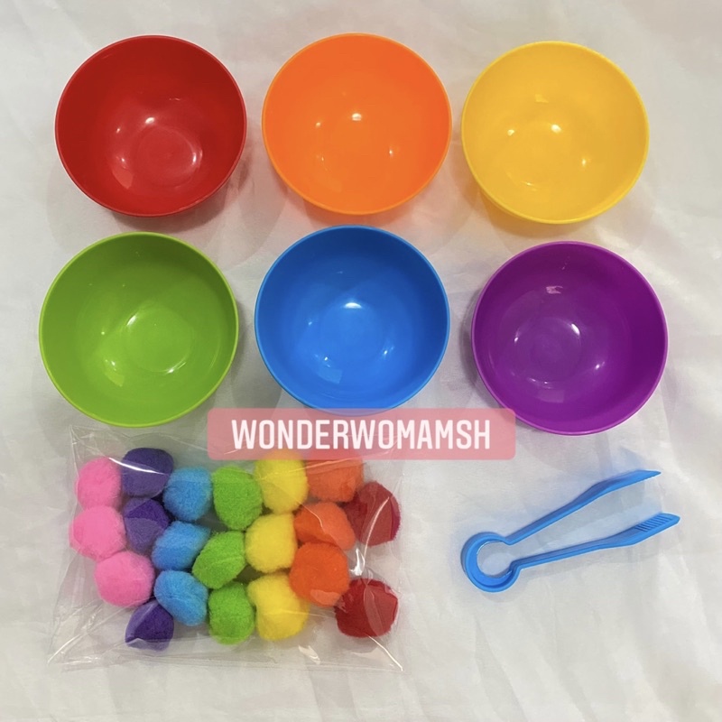 Montessori Transfer Activity Set - Rainbow Cups, Tongs, Pom Poms - Fine ...