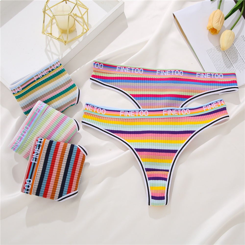 Finetoo 3 Pcs/Set Colorful Striped Cotton Women G-String Underwear ...