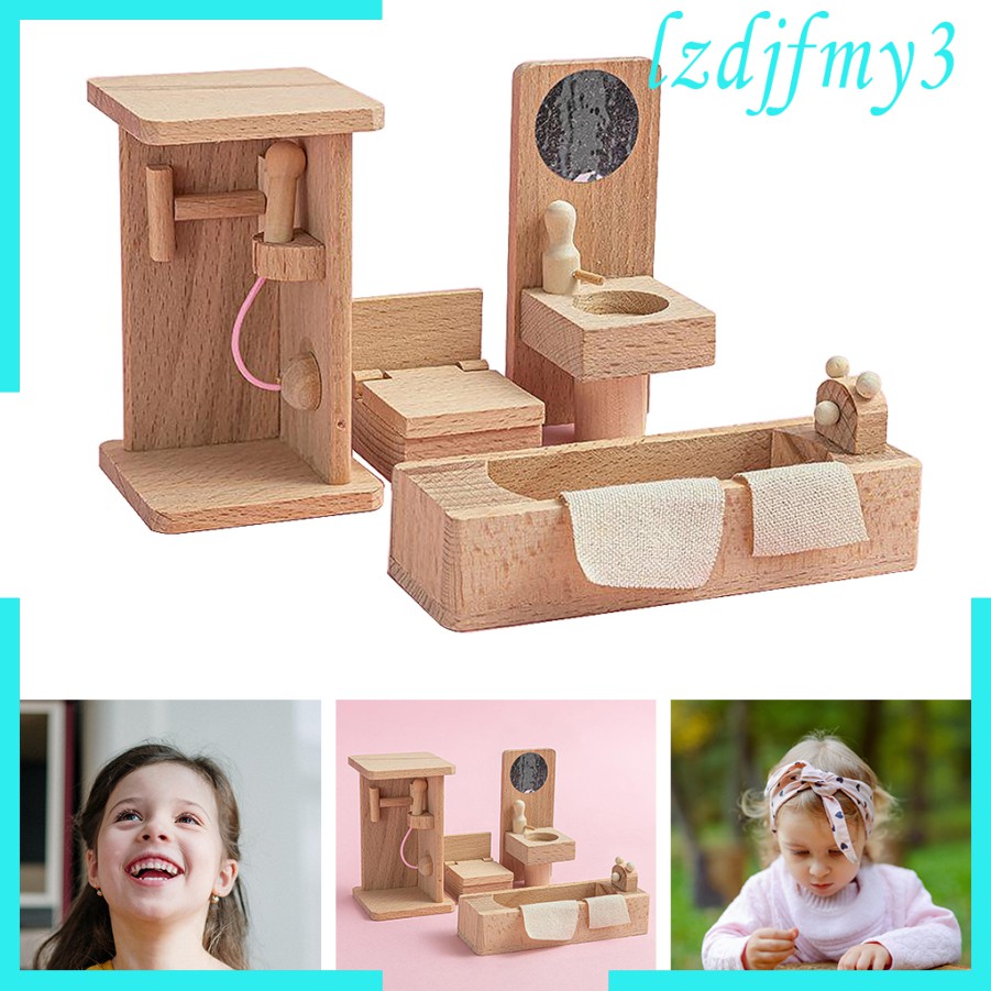 Wooden Doll House Furniture Set Wood Miniature Bathroom  Living Room 