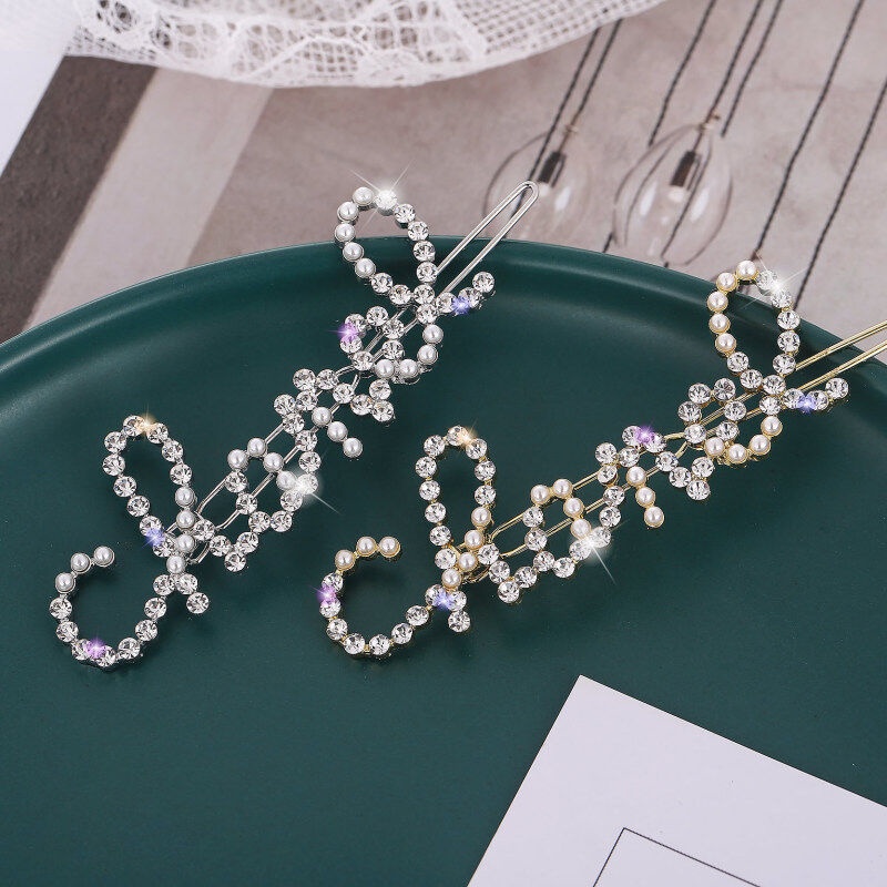 Letter Pearl Rhinestone Frog Clip Bangs Buckle Clip Pearl Hairpin ...