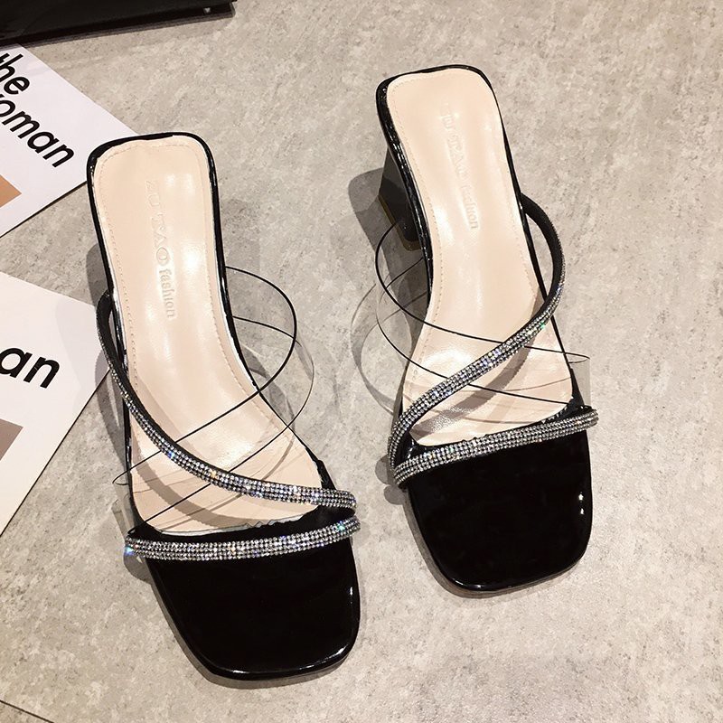 Korean women's simple transparent sandals open toe thick heel sandals ...