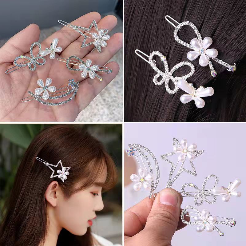 Korean simple hair accessories full diamond pearl hairpin frog buckle ...