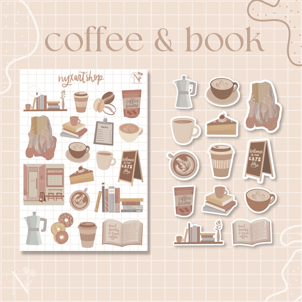 Coffee and Books Minimalist Cute Sticker Sheet Vinyl Laptop Stickers