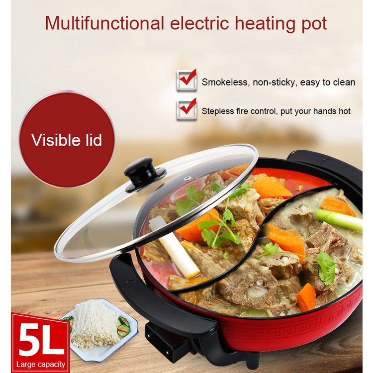1300W Electric Hot Soup Pots Stainless Steel Non Stick Smokeless CookwareTwin Divided Pot