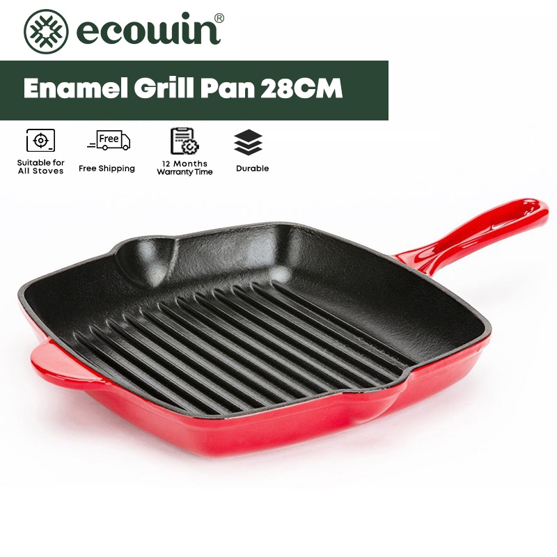 Ecowin 28CM Enamel Cast Iron Square Griddle Pan Steak BBQ Grill Oven